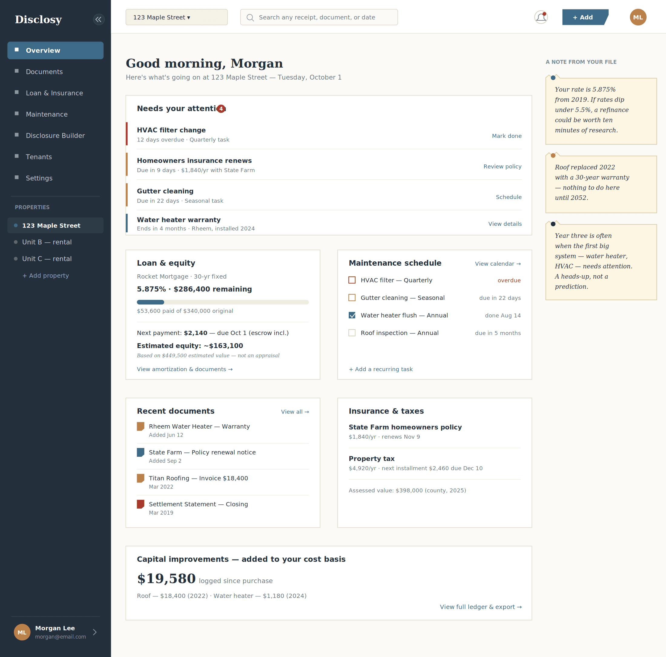 The Disclosy dashboard showing property tasks, financial information, maintenance, and notes
